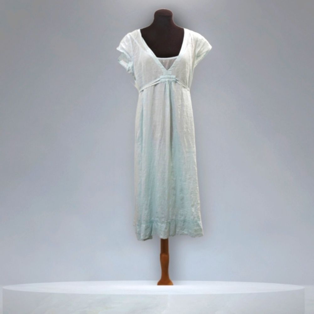 Vintage Eileen Fisher Irish Mint Green Linen Dress Small Empire Waist Minimalist